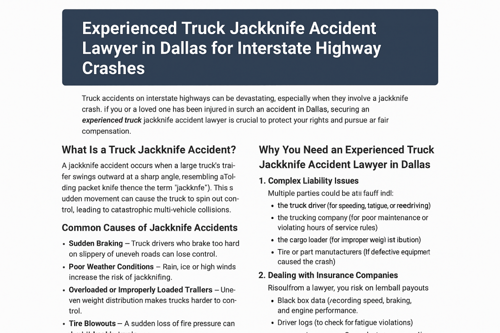 Experienced Truck Jackknife Accident Lawyer in Dallas for Interstate Highway Crashes 1 Best Slip and Fall Lawyer in Boston for Commercial Property Injury Cases